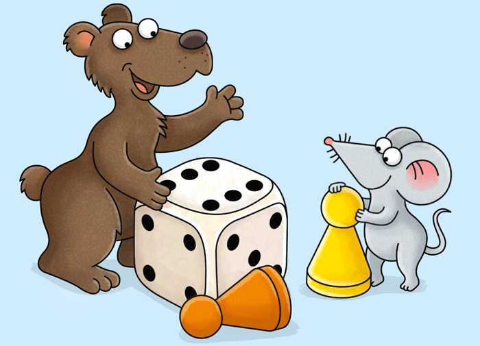 mo und bo mit einem großen Würfel und zwei Spielfiguren