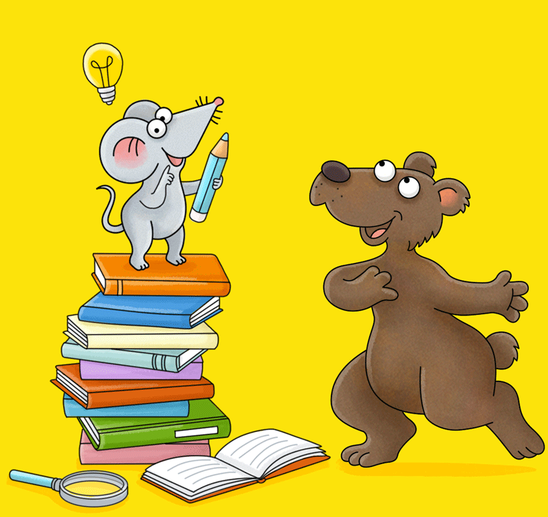 Mo sitzt auf einem Stapel Bücher Bo tanzt