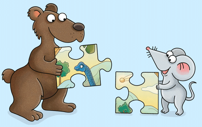 mo und bo mit einem puzzle in der hand