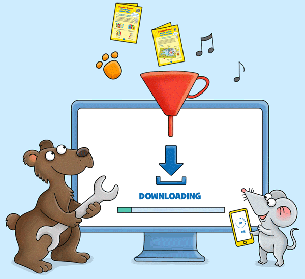 Mo und Bo schauen auf einen großen Monitor auf dem Daten heruntergeladen werden